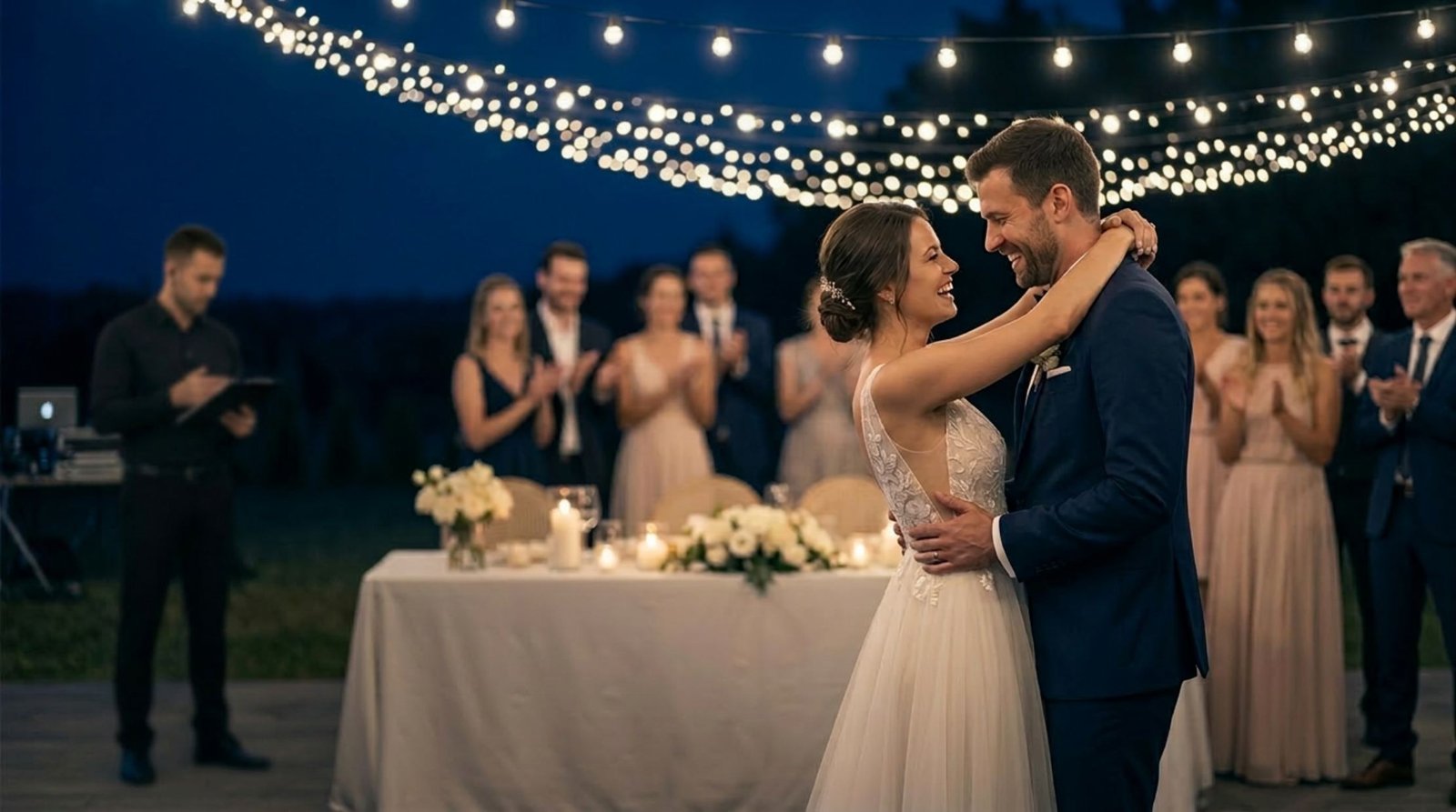 Couple de mariés sereins avec un allié discret en coulisses